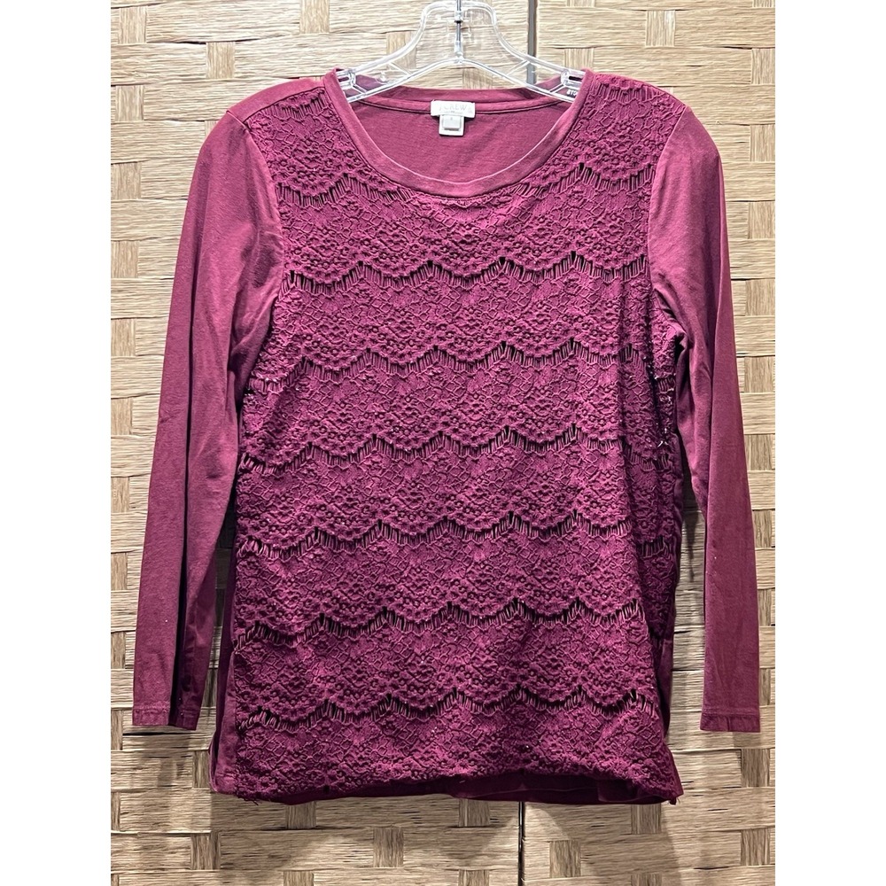 J Crew Vtg Lace Front‎ 3/4 Sleeve Top Women's Sz S Lt Maroon Good Condition